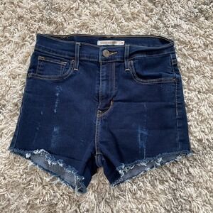 Levis 724 High Rise Straight Dark Wash Distressed Raw Hem Denim Shorts Size 26